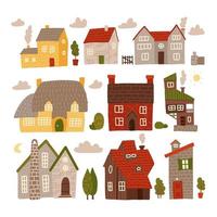 Colorful small houses collection with nature elements. Home sweet home set. Flat hand drawn vector illustration