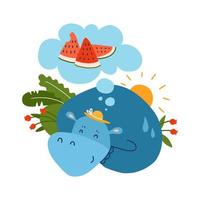 Hippo dreaming about watermelon, flat hand drawn vector illustration on white background. Hot summer concept. Healthy fruit food.