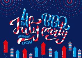 July 4th BBQ Party lettering invitation to American independence day barbeque with July 4th decorations stars, flags, fireworks on blue background. Vector hand drawn illustration.