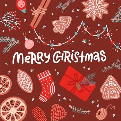 Christmas greeting card flat lay design. Presents wrapping , gingerbread and dried oranges top view. Xmas and New Year celebration preparation. Vector illustration with handdrawn lettering.