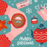 Top view of Wrapping Christmas gifts. Decorated present boxes on a table with hands holding tea cup. Cartoon creative New Year Workshop with gingerbread. Flat Greeting card. vector