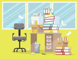 Period of accountants and financier reports submission. Pile of paper documents and file folders in cardboard boxes on office table. Flat vector illustration windows, chair and waste-basket