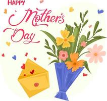Mother's day card with flower bouquet letter and Happy Mothers Day lettering. Vector illustration with calligraphy