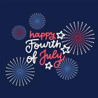 Banner with festive fireworks in honor of Independence day. Greeting Card for Fourth July. Vector flat Illustration with lettering hand drawn text.