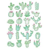 Cute hand drawn vector cactus without pots color outlined illustration. Set of cute hand drawn green line cacti with pink flowers.