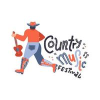 Back view of young country style singer with guitar. Modern man character in cowboy hat. Concept or print for festival banner. Vector flat hand drawn doodle illustration.