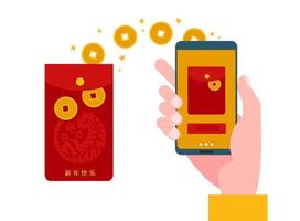 concepto de usar teléfonos inteligentes para enviar sobres rojos. el hongbao digital en gadget en el año nuevo lunar chino. ilustración plana vectorial para web, página de destino, banner. traducción- feliz año nuevo. vector