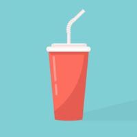 Paper cup icon. Paper red cups with straws for soda or cold beverage. Isolated cardboard cup with long shadow. Drink icon. Fast food. Vector illustration flat design.