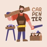 Smiling bearded carpenter holding hand saw and wooden board. Full length of young cheerful man carpenter chacacter with carpentry tools. Vector flat illustration