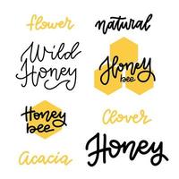 Set of honey lettering badges and calligraphy design elements. Natural, Flower, Clover or Acacia honey. Bee Honey. Vector flat hand drawn linear illustration