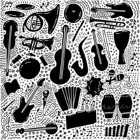 Set of hand drawn music theme isolated on white background, black doodle set of Musical Instruments theme. Vector illustration