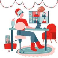 Woman using computer for collective virtual meeting, group video conference. People, friends are in different places, congratulate each other with Christmas and new year . Online greeting concept. vector