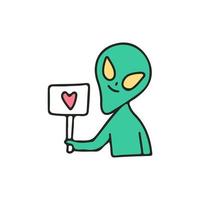 extraterrestre que muestra signo de amor, ilustración para camiseta, pegatina o mercancía de ropa. con estilo de dibujos animados retro. vector