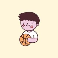 niño pequeño kawaii sosteniendo dibujos animados de baloncesto. ilustración para niños de guardería perfectos, niños, saludo. vector