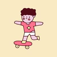 lindo niño montando una caricatura de patineta. ilustración para niños de guardería perfectos, niños, saludo. vector