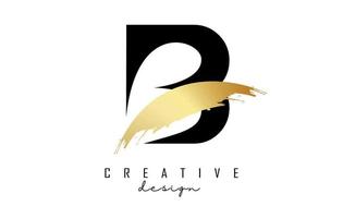 logotipo de la letra b con trazo de pincel dorado y corte creativo. vector