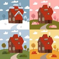 Four seasons - set of flat design style concepts. Modern images with a countryside building and nature landscapes. Summer, spring, winter, autumn parts of the year, weather types. Vector elements