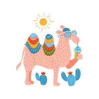 lindo camello rosa en vasos con una maqueta de vaso de plástico de batido. tarjeta de humor, composición de camisetas, estampado de estilo infantil dibujado a mano. ilustración plana vectorial. vector