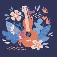 Acoustic Guitar in flowers. Musical instruments store poster design idea with notes, leaves isolated on dark background. Rock band performance,banner template. flat hand drawn vector illustration