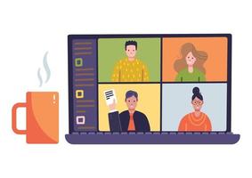 Online Virtual Remote Meeting on laptop screen. Video Web distant Conference. Work or Study From Home. Gadget with cup of tea. Flat vector illustration.