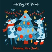 Symbol of the year, bull and ox decorate the Christmas tree. Hand drawn postcard in flat cartoon style. With lettering text Merry Christmas and happy new year. vector