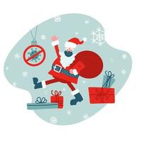 Santa in face mask with big red sack. Vector flat illustration, Light blue background. Stop coronavirus.