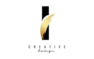 Letter I logo with golden brush stroke and creative cut. vector