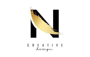Letter N logo with golden brush stroke and creative cut. vector