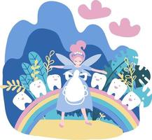 The little girl princess with tooth among the clouds on a rainbow Vector illustration on the theme of children. Tooth Fairy in the clouds. Magic flat hand drawn vector illustration.