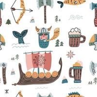 Vector seamless pattern with viking, their armor, beer and ship. Viking age cartoon character background, wallpaper, fabric, wrapping paper. Flat scandinavian illustration in doodle style.
