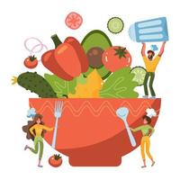 Tiny people cooking green salad for a healthy lifestyle. Small characters standing by huge salad bowl. Flat vector Illustration for greeting card,poster,banner template.