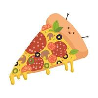 lindo trozo de pizza, pizza divertida con ojos kawaii, manos y sonrisa para el menú infantil de comida rápida. icono de ilustración plana de vector de estilo moderno. aislado sobre fondo blanco