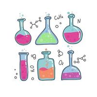 conjunto de 6 tubos de ensayo de química, croquis delineado por vector de matraz. ilustración aislada de educación y ciencia en estilo de garabato de color de línea delgada con decoración. colección de bombilla dibujada a mano con líquido de burbujas