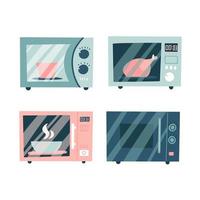 Microwave icon set. Collection of microwaves with food inside for web design. Flat vector illustration