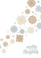 Merry Christmas Background with Gold and Silver Snowflakes on White upright background. Vector flat simple Illustration with hand written lettering.