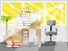 Summer Period of accountants and financier reports submission. Pile of paper documents and file folders in cardboard boxes on office table. Flat vector illustration windows, chair and waste-basket