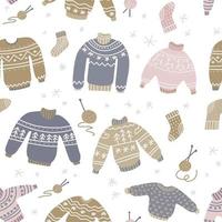 Warm winter and autumn woolen sweaters in Scandinavian style seamless pattern. Trendy flat design elements for winter clothes. Pastel ugly sweater with sockes. Flat vector illustration.