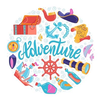 Round shape of Adventure symbols set with hand drawn lettering. Treasure chest anchor lighthouse compass map spyglass bottle of rum and steering wheel signs flat childish style concept