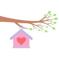 Birdhouse hanging on a branch with leaves. vector