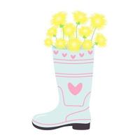 Rubber boot with a bouquet of dandelions. Gardening and spring concept. vector