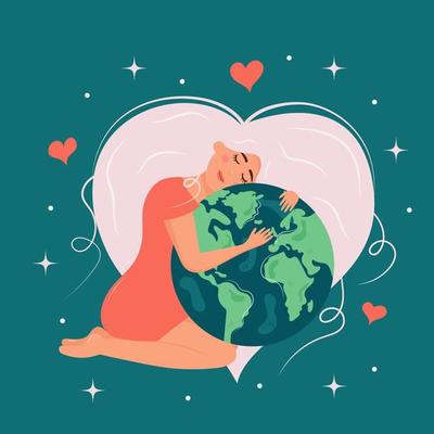 Young beautiful woman is holding and hugging planet globe. Her hair in the form of heart. World peace, no war, save nature, ecology support concept. Earth Day International holiday.