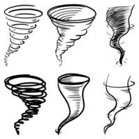 set of doodle Tornado isolated on white background. Hurricane. Hand drawn design elements set. vector illustration.