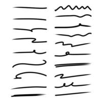 set of hand drawn underline, highlighter marker strokes, swoops, waves brush marks abstract doodle. vector illustration