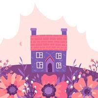 Two story building with garden and cloud background. Isolated countryside spring house scenery. Flat style vector illustration.