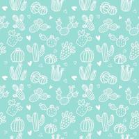 Seamless pattern with white line cactus and succulents on mint background. Vector print with cactuses succulents in minimalistic geometric scandinavian style. Cute vector tile template
