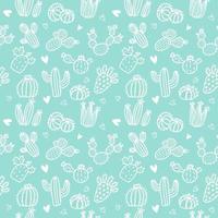 Seamless pattern with white line cactus and succulents on mint background. Vector print with cactuses succulents in minimalistic geometric scandinavian style. Cute vector tile template