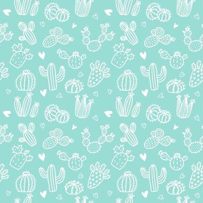 Seamless pattern with white line cactus and succulents on mint background. Vector print with cactuses succulents in minimalistic geometric scandinavian style. Cute vector tile template