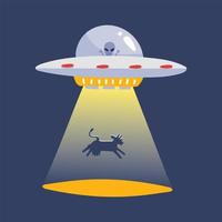 Ufo abducting a cow silhouette. Alien space ship, futuristic unknown flying object cartoon sticker isolated on dark blue background. Flat vector illustration