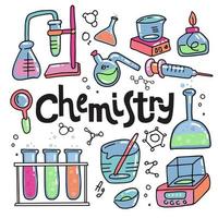 Hand drawn color chemistry and science icons set. Collection of laboratory equipment in doodle style. Kid chemical lab and science Elements, formulas, test-tube. Lettering quote Chemistry. vector