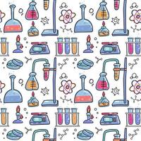 Seamless pattern of decorative color hand drawn chemical lab scientific experiment equipment isolated vector illustration. Set of flasks in doodle style on white background. Chemistry science for kids